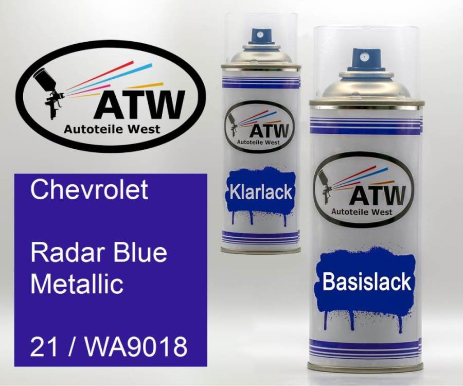 Chevrolet, Radar Blue Metallic, 21 / WA9018: 400ml Sprühdose + 400ml Klarlack - Set, von ATW Autoteile West.